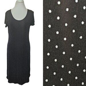 Vintage 90s Womens Large Black Dress Slinky‎ Polka Dot Classic Knee Length